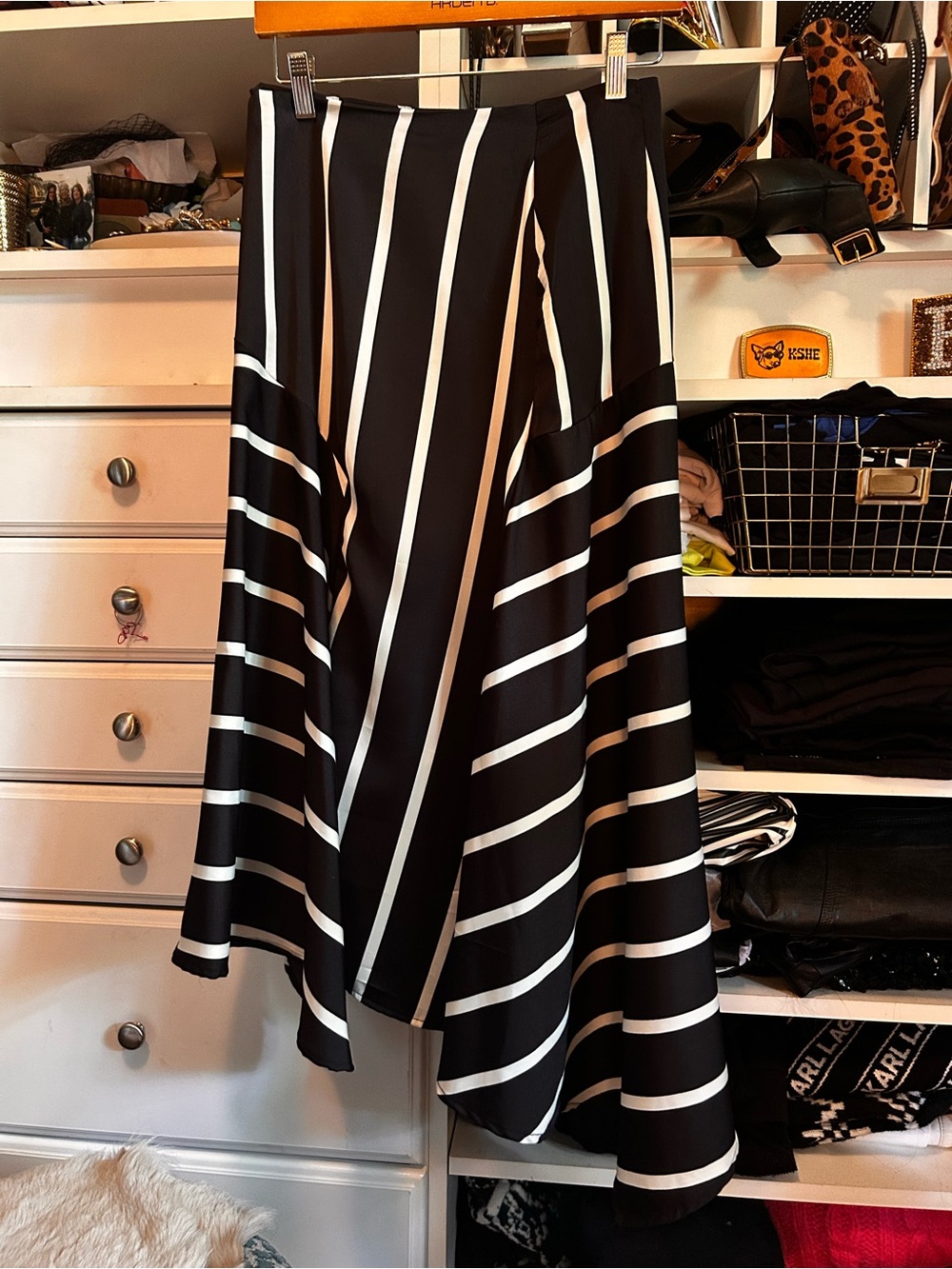 Who What Wear Black and White Asymmetrical Striped Midi Skirt